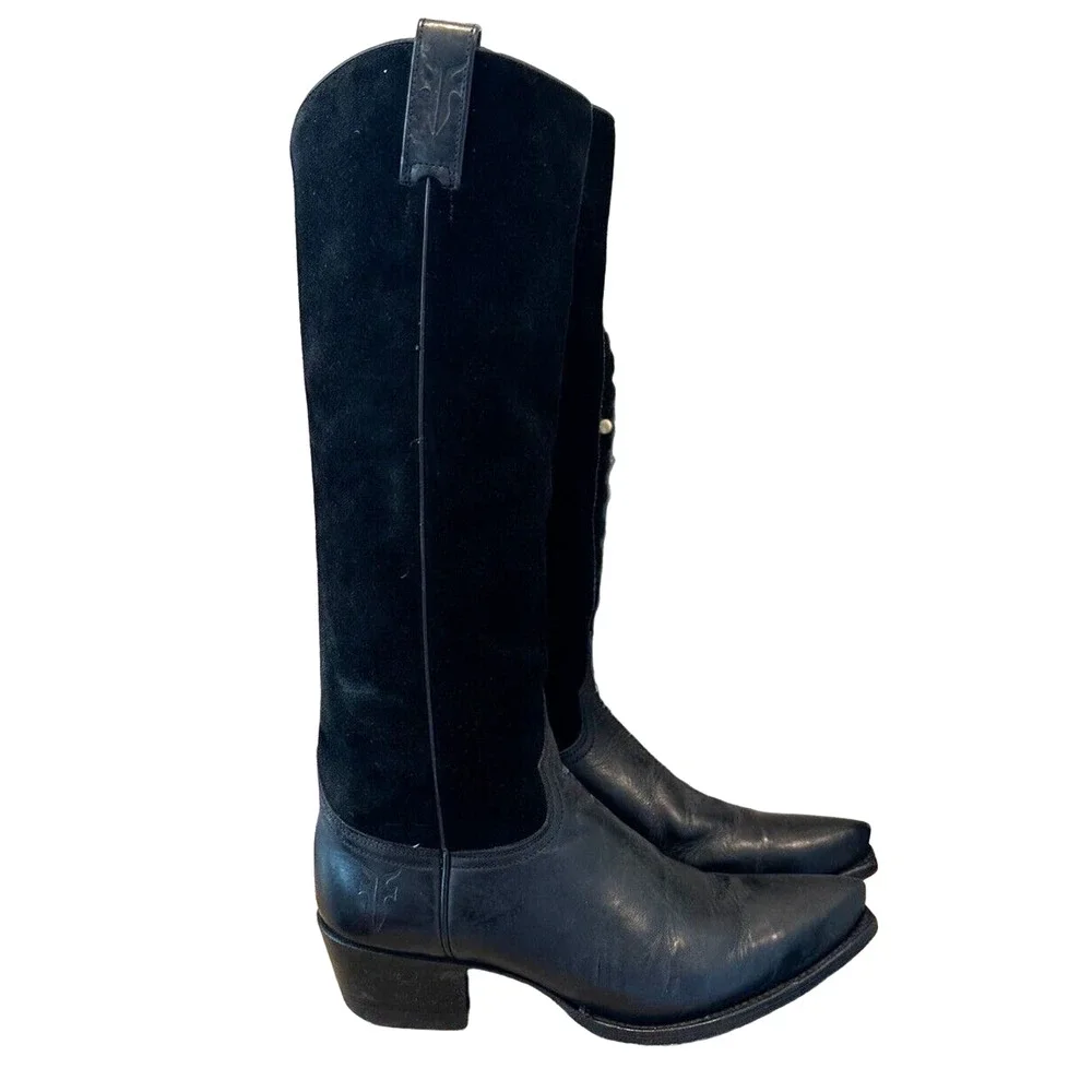 Frye Vintage Black Leather Knee High Pointed Toe Boots 7.5 FIT 7.5/8 - Picture 10 of 11